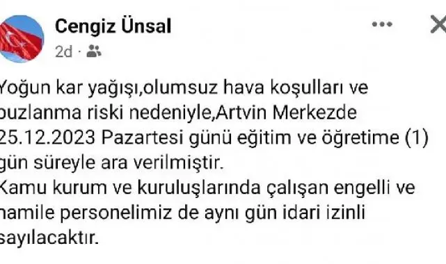 Artvin'de eğitime 'kar' engeli