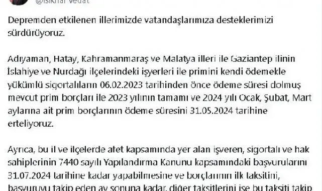 Deprem bölgesindeki sigortalıların prim borcu ödeme süresi 31 Mayıs'a ertelendi