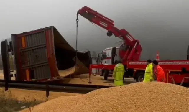 Otoyolda TIR devrildi; tonlarca tahıl yola döküldü