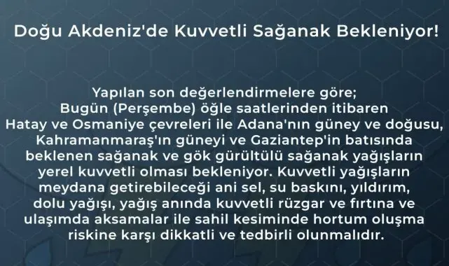 Hatay için kuvvetli yağış uyarısı