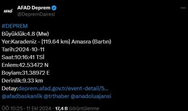Bartın açıklarında 4,8 büyüklüğünde deprem