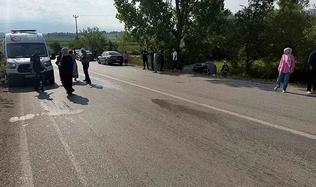 Yoldan çıkan otomobil ağaçlık alanda yan yattı
