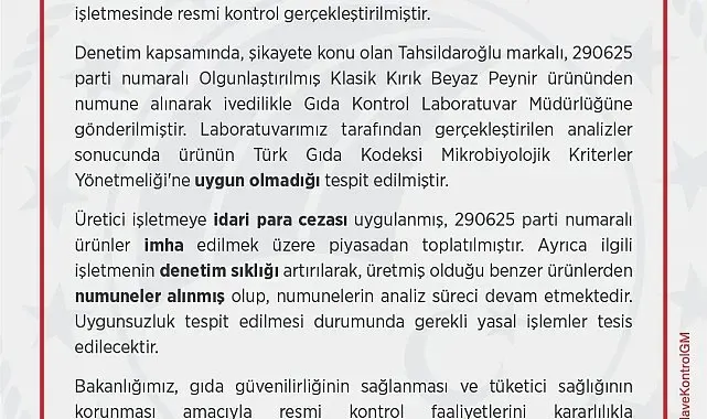 Tahsildaroğlu'nun bir parti beyaz peyniri piyasadan toplatıldı