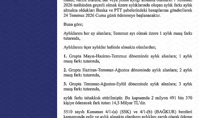 Emekli Sandığı kapsamındaki zam farkı ödemeleri 24 Temmuz'da başlayacak