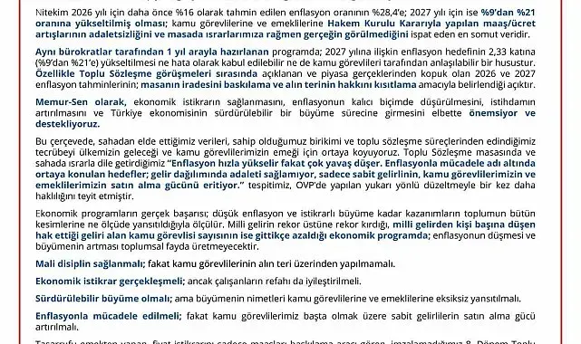 Memur-Sen'den OVP açıklaması: "Kamu görevlisi ve emeklisinin görev aylığı ile emekli aylığı arasındaki makasın kapatılmasını bekliyoruz"