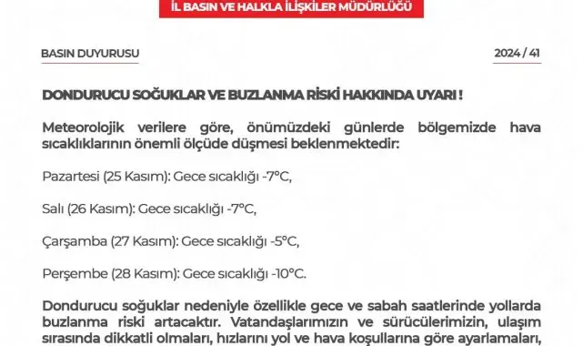 Niğde Valiliği'nden Buzlanma Uyarısı