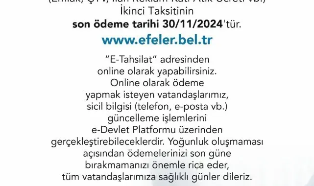 Efeler Belediyesi'nden vergi ödemesi hatırlatması